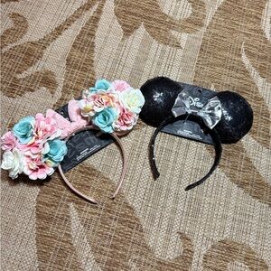 DISNEY EARS - 2 pcs! Pink floral and black/silver Mickey Mouse Disneyworld NEW